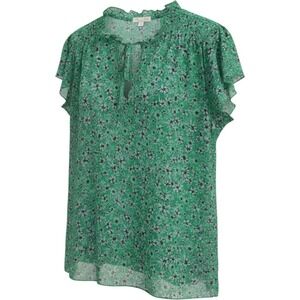 Joie de Vivre Blouse Womens XL Green Polyester Floral Ruffle Tie Neck Boho Chic